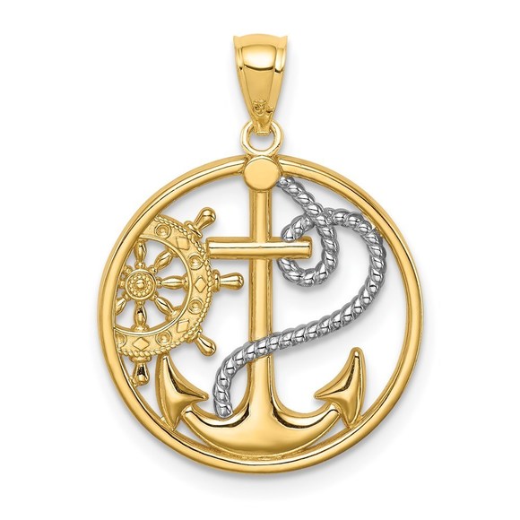 14k Yellow Gold Nautical Cross Anchor Captain Wheel Small Necklace Charm Pendant